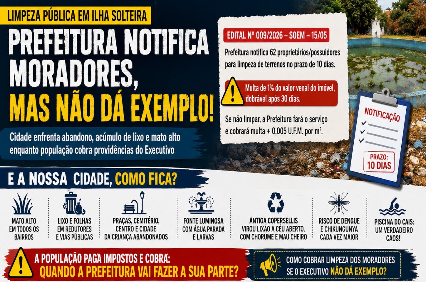 Prefeitura notifica moradores por mato alto enquanto população cobra exemplo do próprio poder público em Ilha Solteira