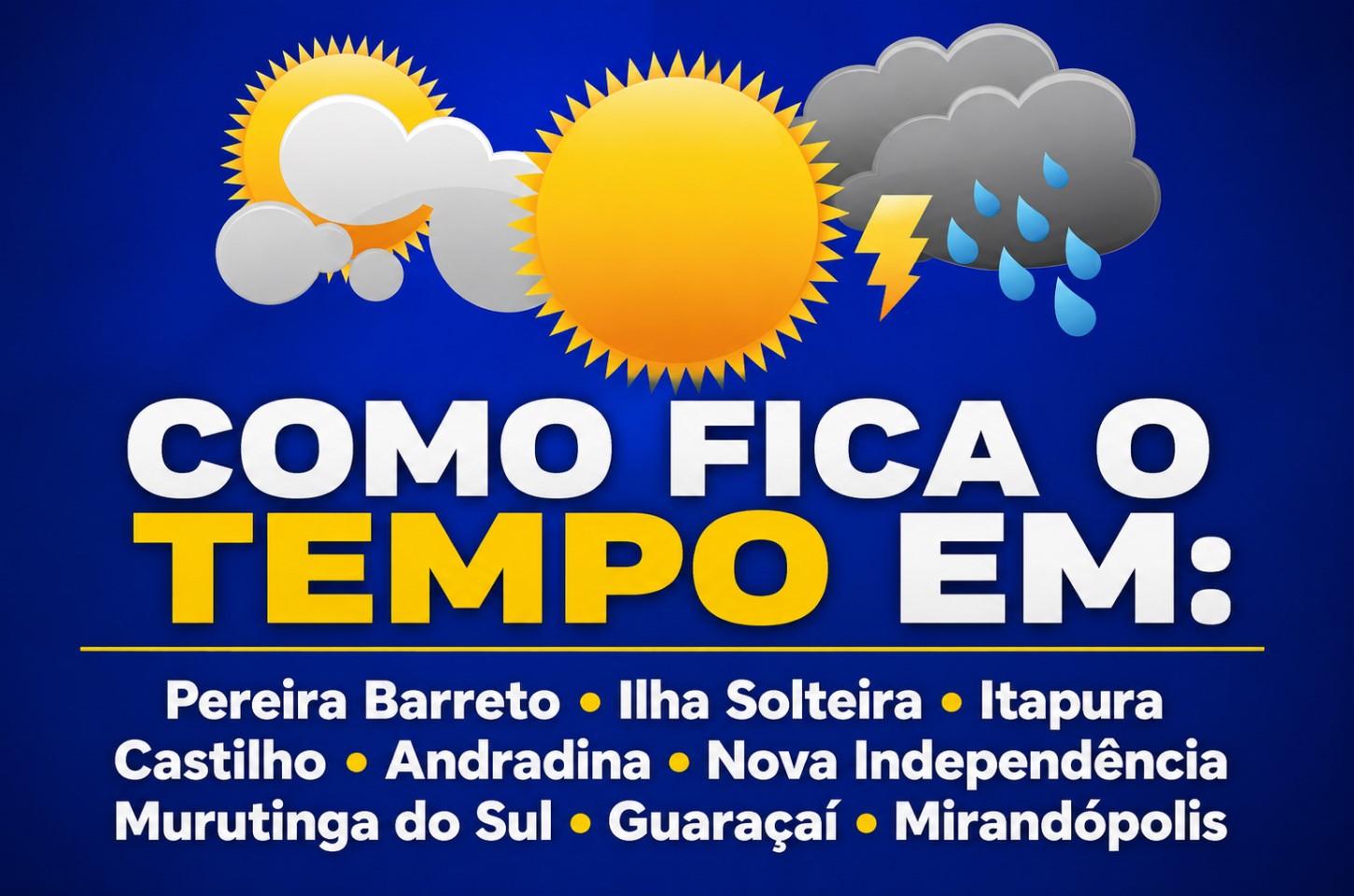 Veja como fica o tempo neste domingo para: Pereira Barreto, Ilha Solteira, Itapura, Castilho, Andradina, Nova Independência, Murutinga do Sul, Guaraçaí e Mirandópolis