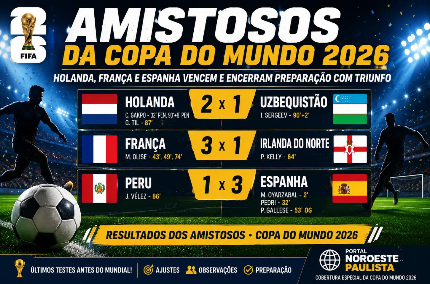 Holanda, França e Espanha vencem nos últimos amistosos antes da Copa do Mundo de 2026