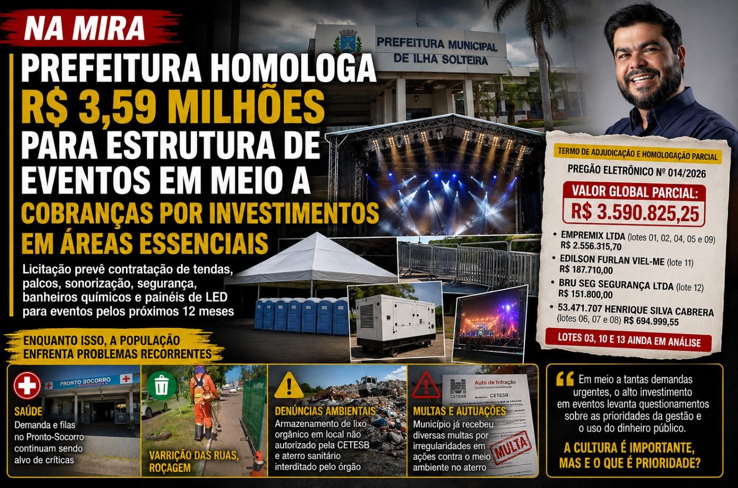 Prefeitura homologa R$ 3,59 milhões para estrutura de eventos em meio a cobranças por investimentos em áreas essenciais