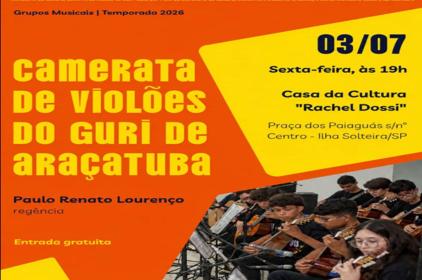 Casa da Cultura recebe apresentação gratuita da Camerata de Violões do GURI de Araçatuba