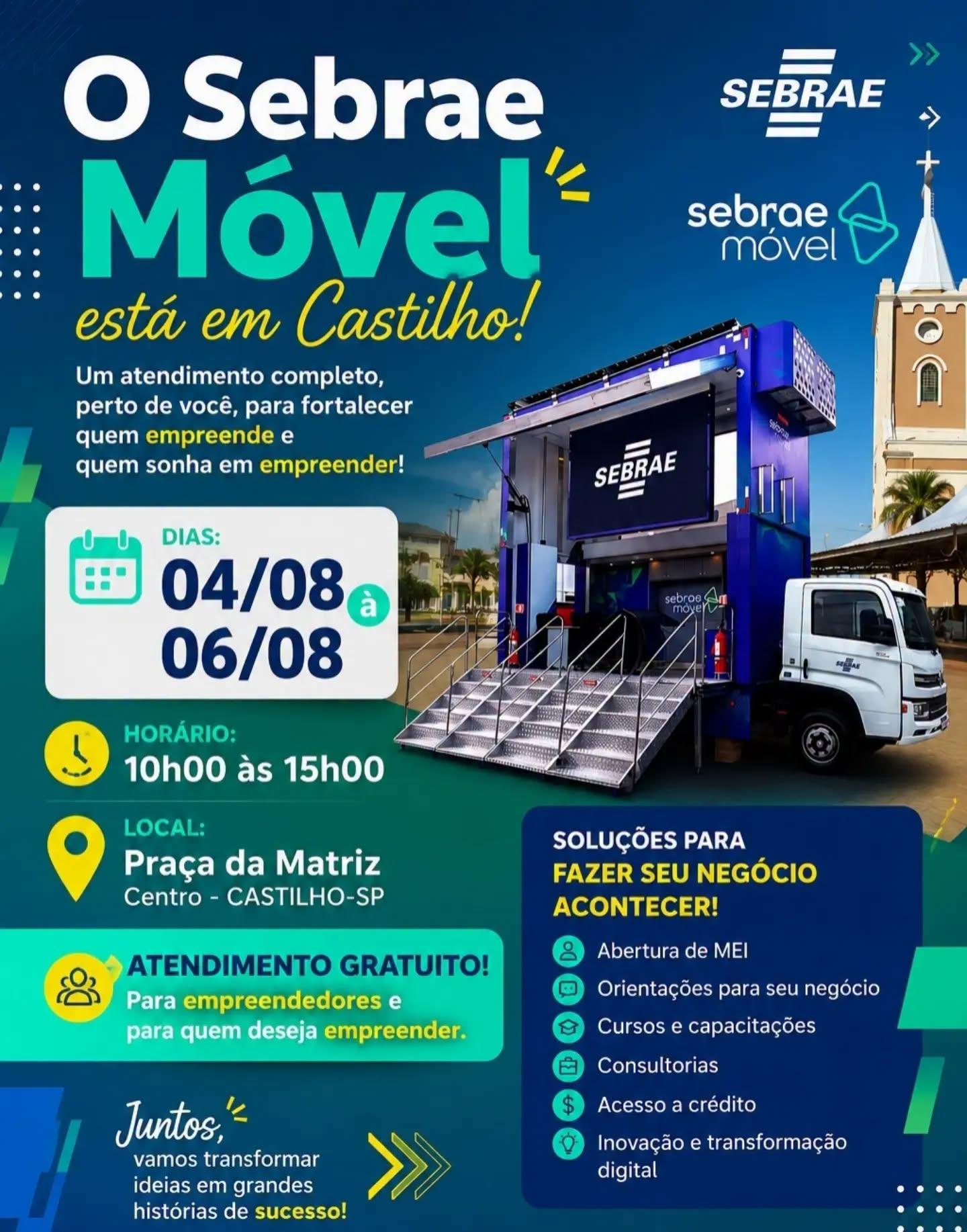 Sebrae Móvel oferece atendimento gratuito para empreendedores em Castilho entre os dias 4 e 6 de agosto