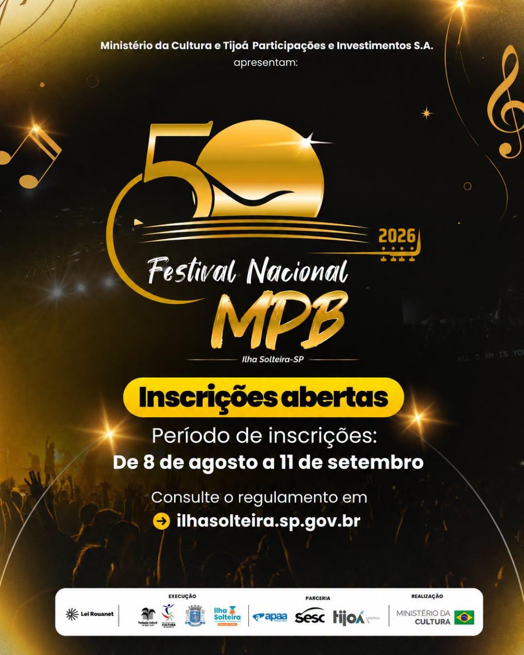 Inscrições para o 50º Festival Nacional de MPB de Ilha Solteira começam neste sábado