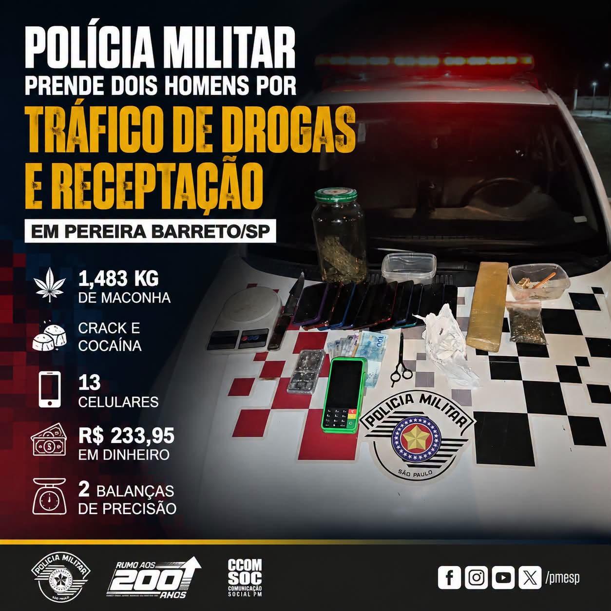 Polícia Militar prende dois homens por tráfico de drogas e receptação em Pereira Barreto