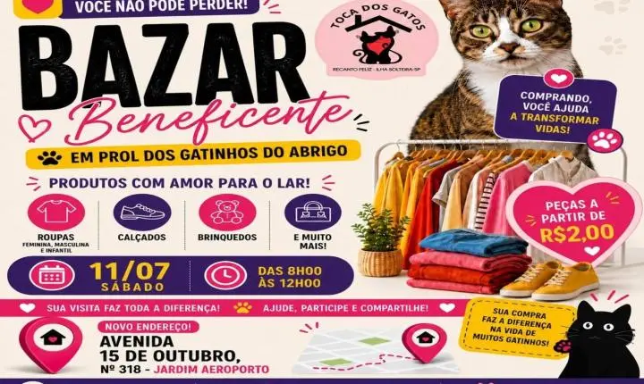 Bazar Beneficente da Toca dos Gatos acontece neste sábado com peças a partir de R$ 2 em Ilha Solteira