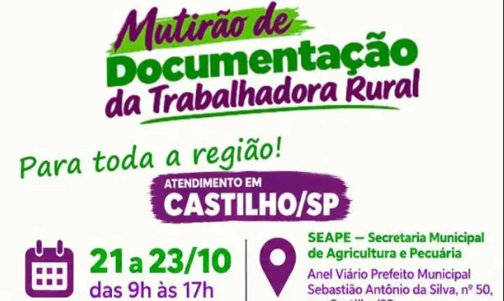 Castilho recebe Mutirão de Documentação da Trabalhadora Rural de 21 a 23 de outubro