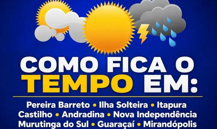Veja como fica o tempo neste domingo para: Pereira Barreto, Ilha Solteira, Itapura, Castilho, Andradina, Nova Independência, Murutinga do Sul, Guaraçaí e Mirandópolis