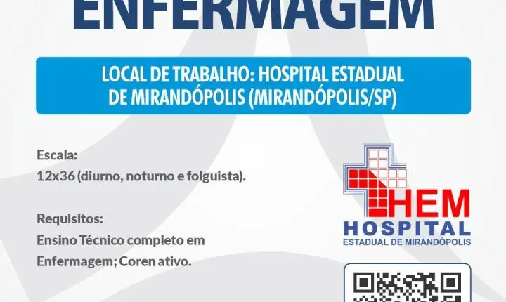 Hospital Estadual de Mirandópolis abre vagas em diversas áreas e inicia processo seletivo para contratação de profissionais