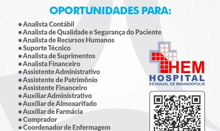 Hospital Estadual de Mirandópolis abre vagas em diversas áreas e inicia processo seletivo para contratação de profissionais
