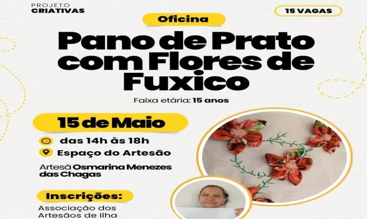 Oficina gratuita de pano de prato com flores de fuxico