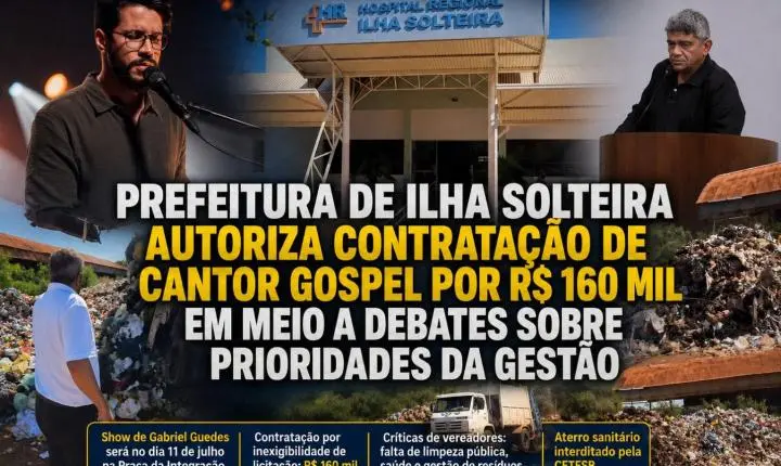 Prefeitura de Ilha Solteira autoriza contratação de cantor gospel por R$ 160 mil em meio a debates sobre prioridades da gestão